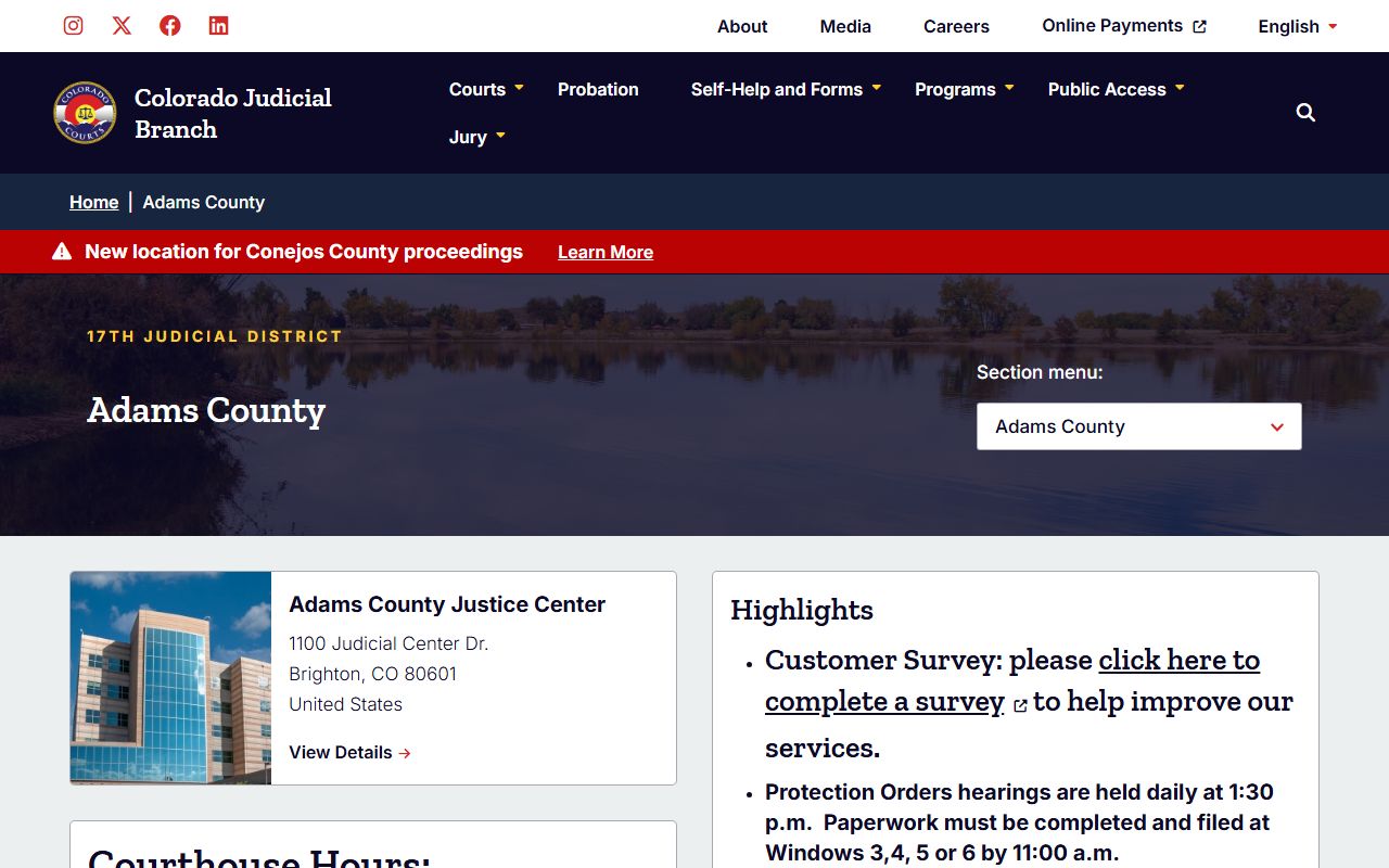Adams County Court page on Colorado Judicial Branch website