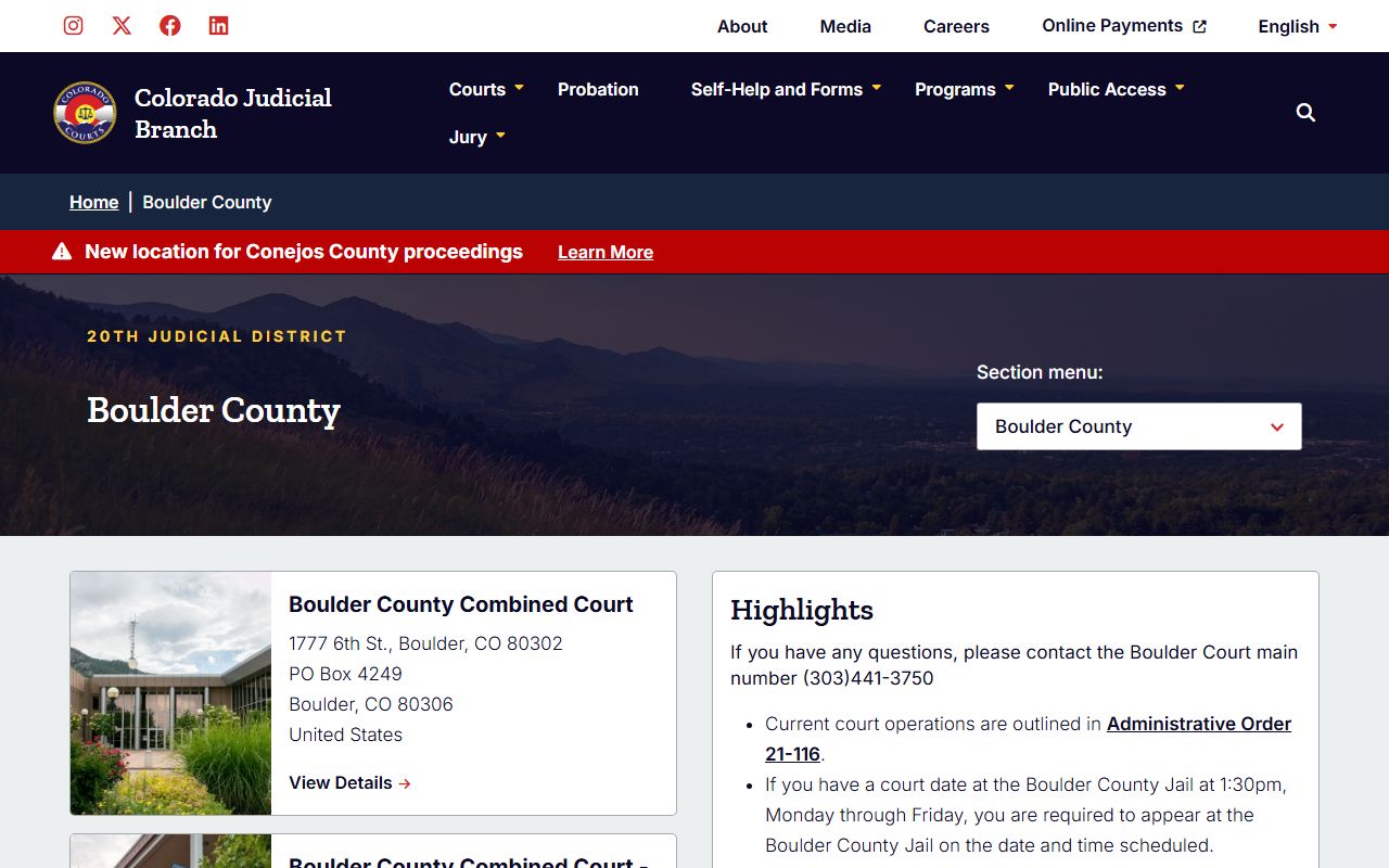 Boulder County Court page on Colorado Judicial Branch website