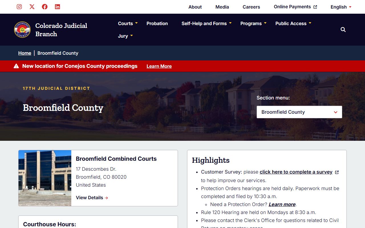 Broomfield County Court page on Colorado Judicial Branch website
