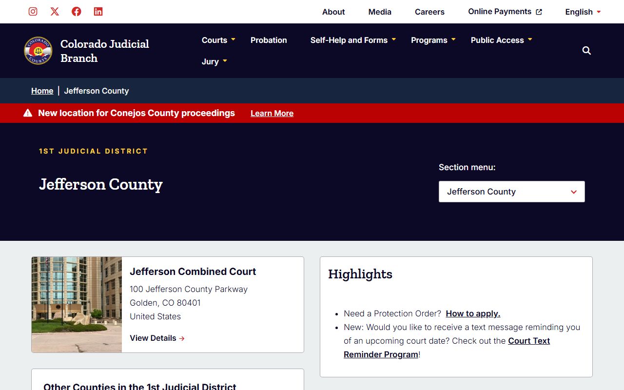 Jefferson County Court page on Colorado Judicial Branch website