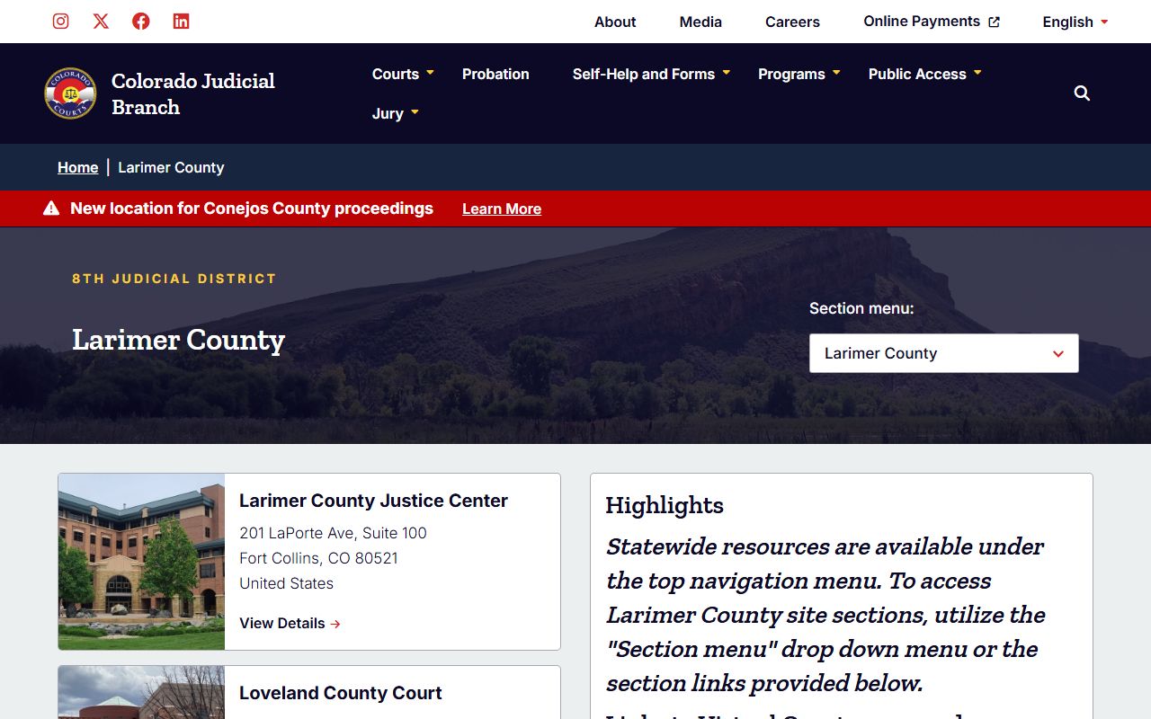 Larimer County Court page on Colorado Judicial Branch website