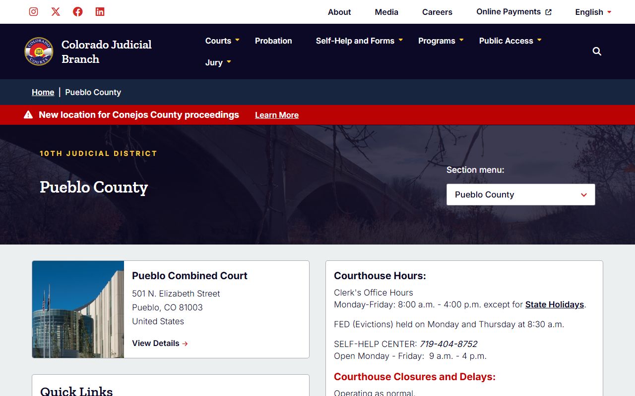 Pueblo County Court page on Colorado Judicial Branch website