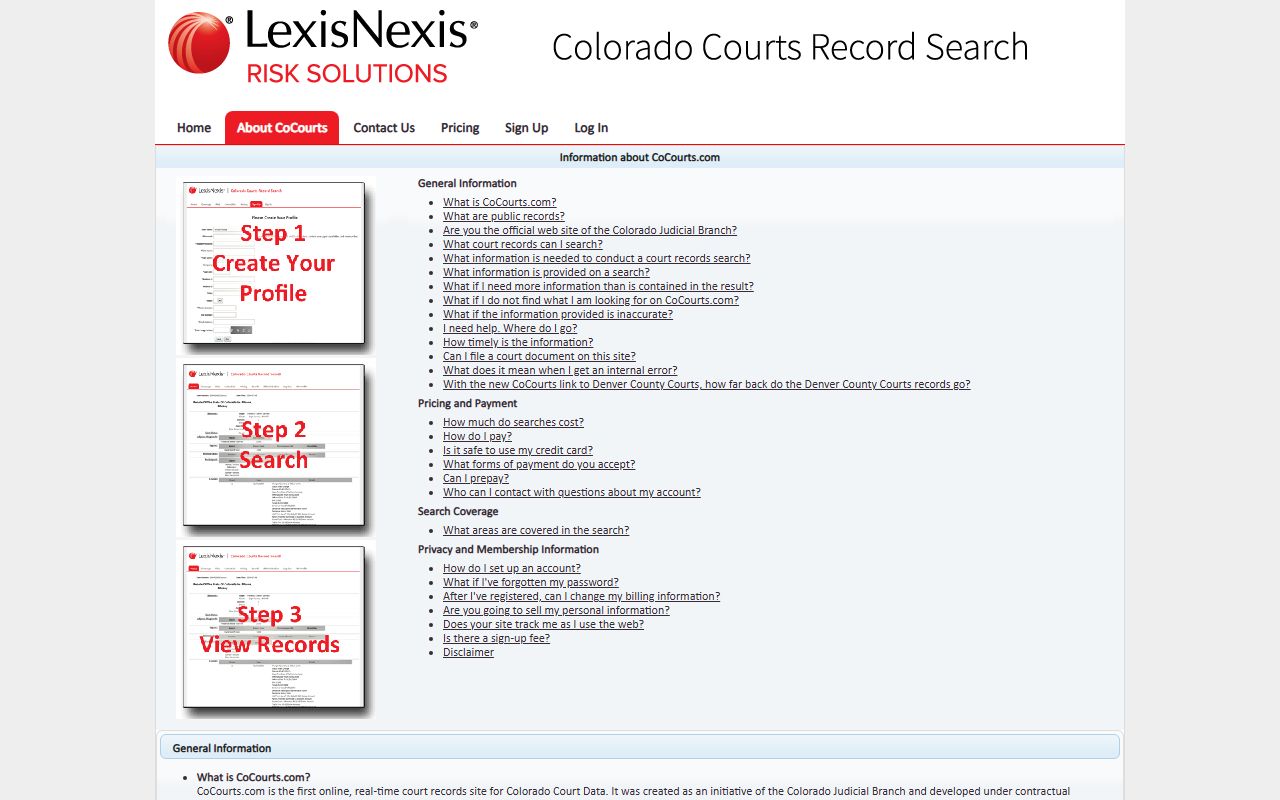 CoCourts LexisNexis about and FAQ page for Colorado court records