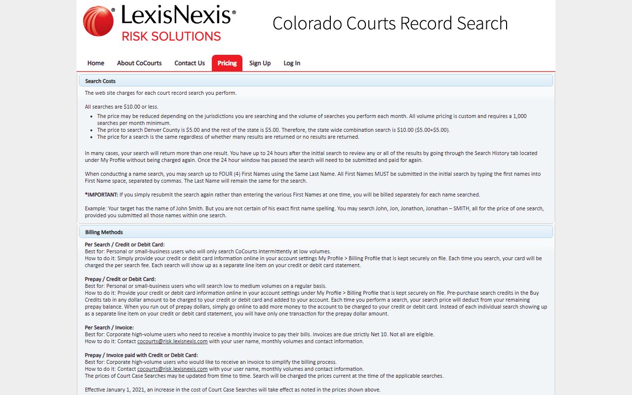 CoCourts LexisNexis pricing information page