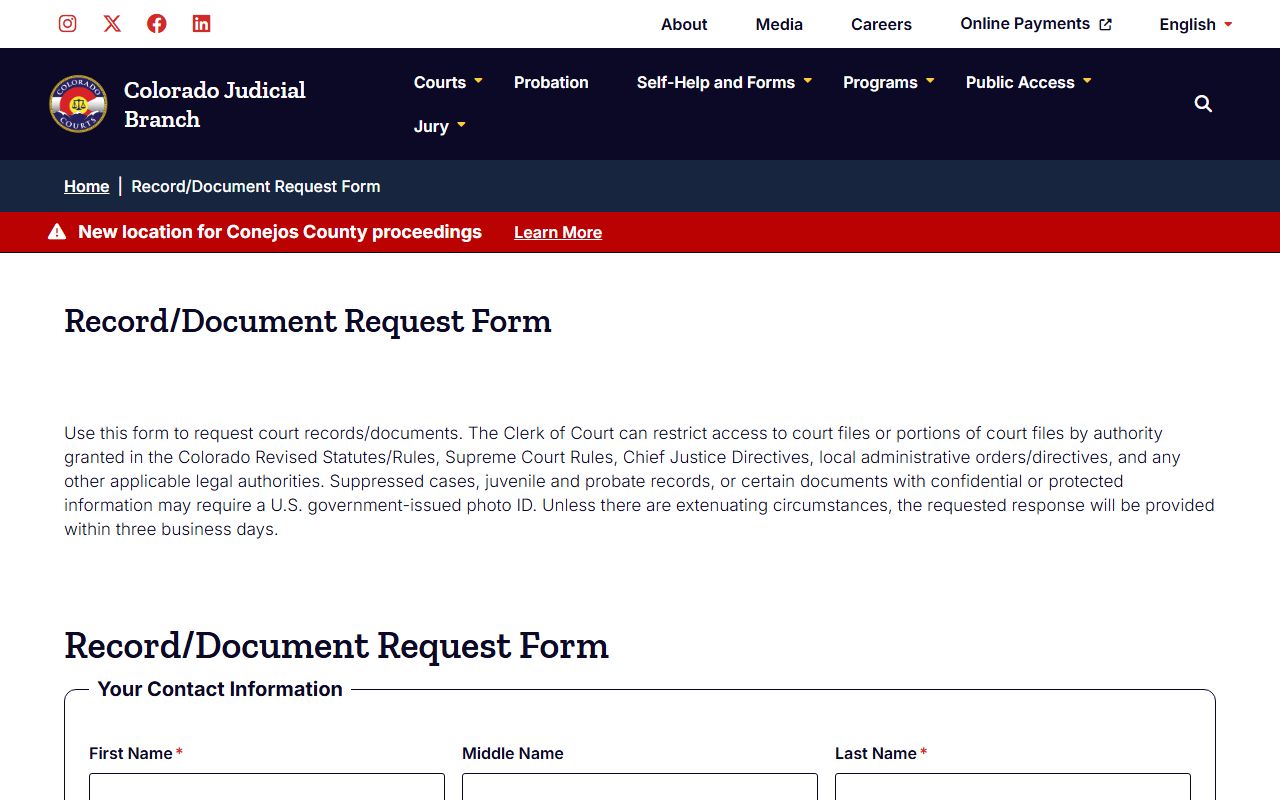 Colorado Judicial Branch online records request form page