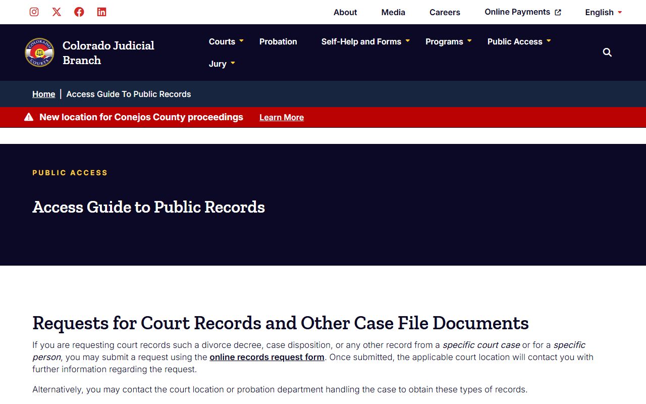 Colorado Judicial Branch public records access guide page