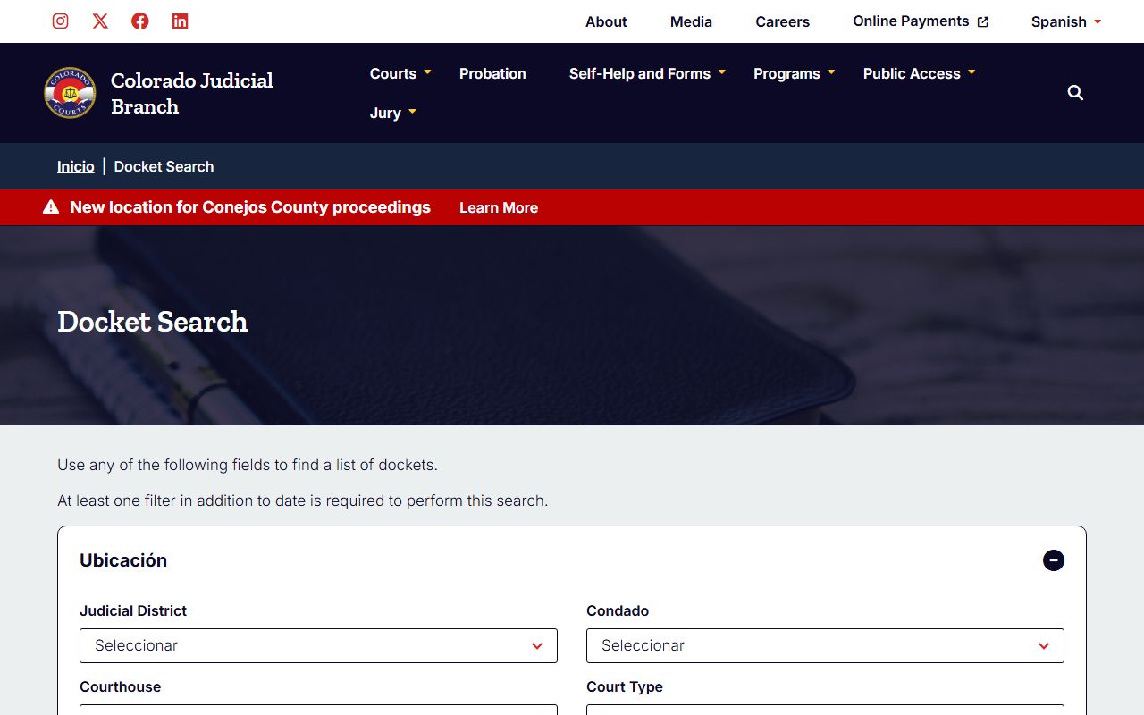 Colorado Judicial Branch statewide docket search tool