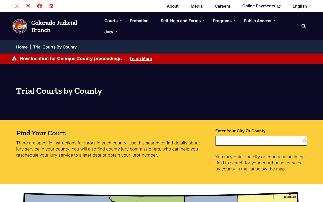 Colorado Judicial Branch trial courts by county directory page